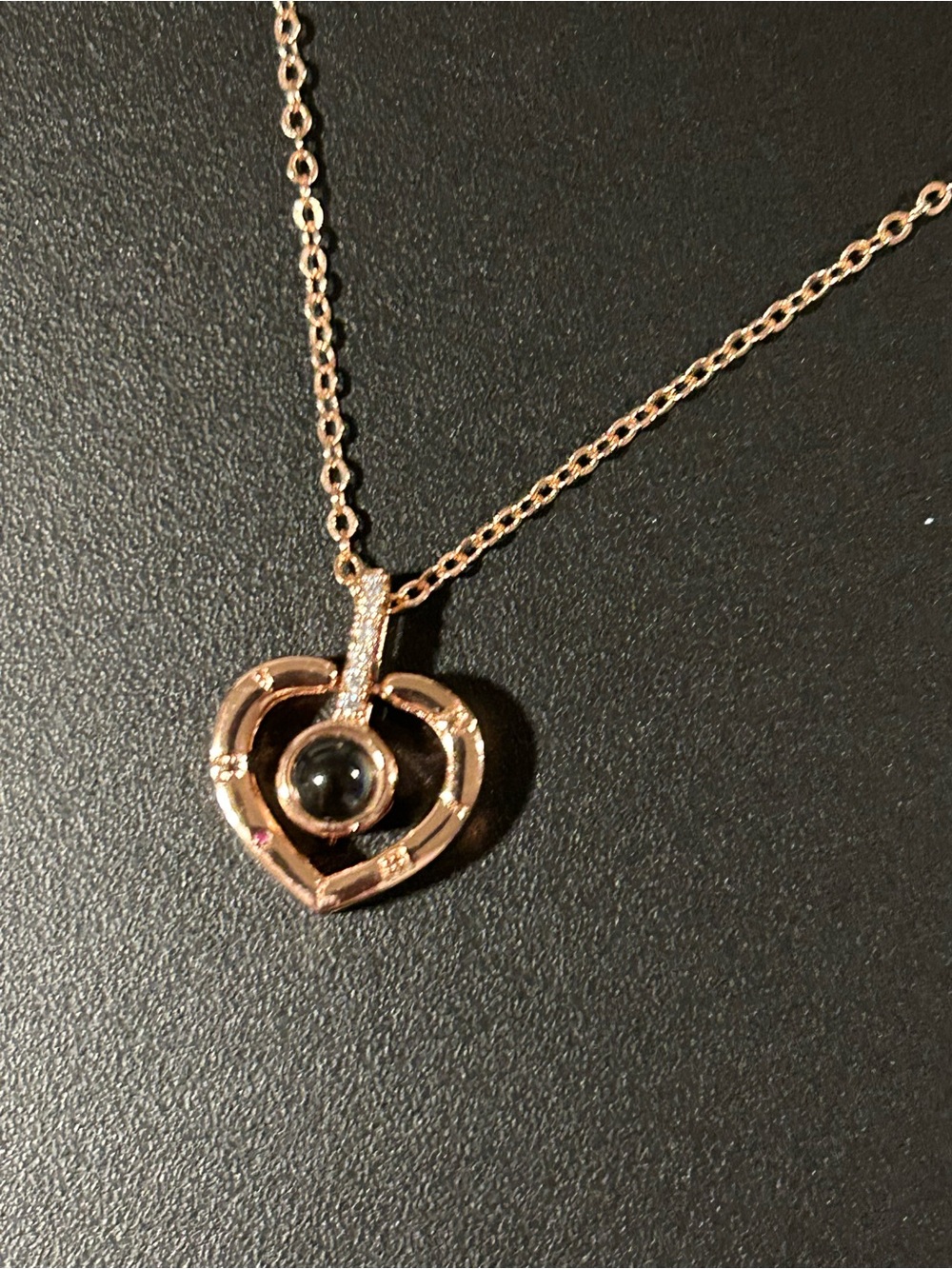 Rose Gold Heart Pendant Necklace with Black Stone